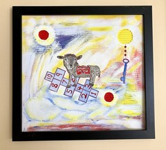 Black Sheep Original Mixed Media Painting Cardboard Folk Surreal Art With Frame