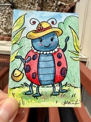 Original ACEO Lady Bug Painting by Alannah Dyer- Watercolor Mini Art 2.5×3.5