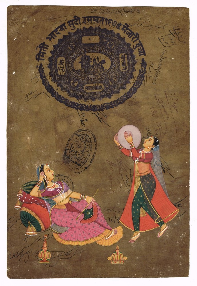 Rajasthani Painting Rajput Queen Enjoying Dance On Old Stamp Paper 9×13.5 Inches