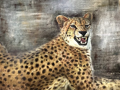 VINTAGE OIL PAINTING OF CHEETAH FROM 1960TH WITHOUT STRETCHER & FRAME.