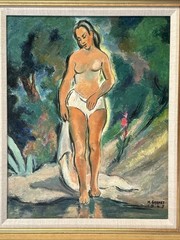 Antique Impressionist Painting Pretty Woman Female Model Granet 1940’s Oil