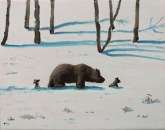 Oil Painting Bear Mother Cubs Animal Wildlife Winter Snow Landscape Art A. Joli