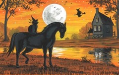 5.25 x 8.25 PRINT OF PAINTING RAVEN CROW RYTA WITCH HALLOWEEN BLACK CAT Folk Art