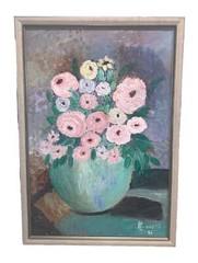 VTG ‘96 Still Life Flowers Ranunculus Roses Blue Vase Canvas Modern 18”x 25.75”