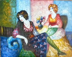 T. Denver Oil Painting of Two Women at a cafe unframed and Signed 16 x 20