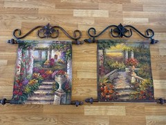 Vtg 2 Acrylic Impasto Paintings On Canvas w/ Decorative Metal Hanging Rods