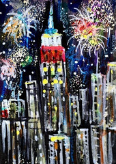 ACEO Original Painting FIREWORKS Summer NY CITY Empire State Building Lights ART