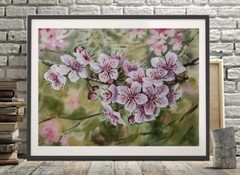 Flower SNOWY CHERRY BLOSSOMS Original Artwork Painting Floral Art Gift Signed A4