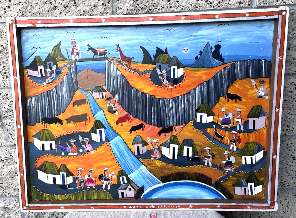 Vintage Tigua Folk Art Village Town Painting Sheepskin Canvas Ecuador 31×23″