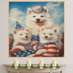 American Eskimo Dog Family in Patriotic Outfits Canvas Wall Art