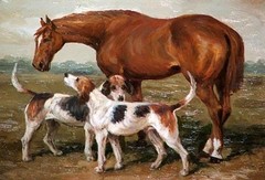 Stunning Oil painting red horse with two dogs in landscape canvas handpainted