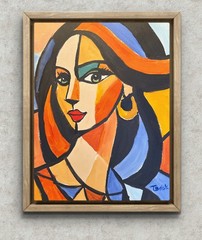 Cubist Portrait Painting Woman with Green Eyes Geometric Modern Art 11×14 Canvas