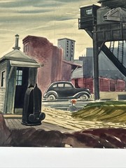 Antique Wpa Painting Cityscape American Street Car Urban Regionalism Industrial