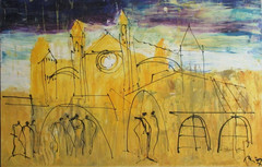 Mallorca Expressive City Scene 60x90cm Acrylic/LW Spain with Purple Teracotta
