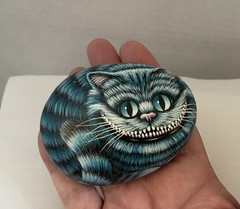 Hand Painted Cheshire Cat Sea Stone -Art Decor or Paperweight Signed By Artist