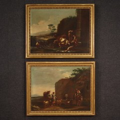 Roman school antique painting oil canvas artwork bucolic landscape 17th century