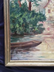 ANTIQUE OIL PAINTING LISTED ROY DEETS CASTLE LANDSCAPE GOLD FRAME 25.5″ X 28.5″