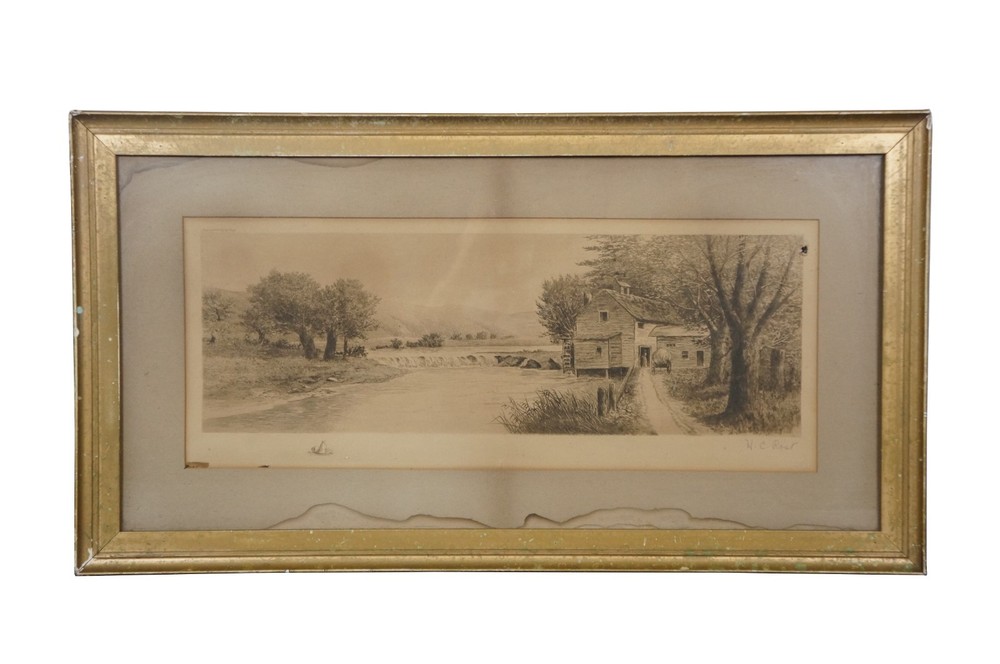 Antique 1895 HC Rost Water Mill Country River Landscape Etching 31″