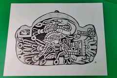 AZTEC ART WORK DEPICTIONS OF A STONE CARVING IN MEXICO, 13″×11″ Inches.