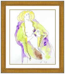 Linda Le Kinff Original Watercolor Painting Signed Female Figure Framed Artwork