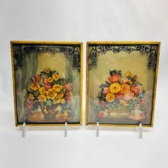 VTG Two Reverse Painted Floral Pictures Vortex Bubble Glass 4″Diax1/2″Depthx5″H