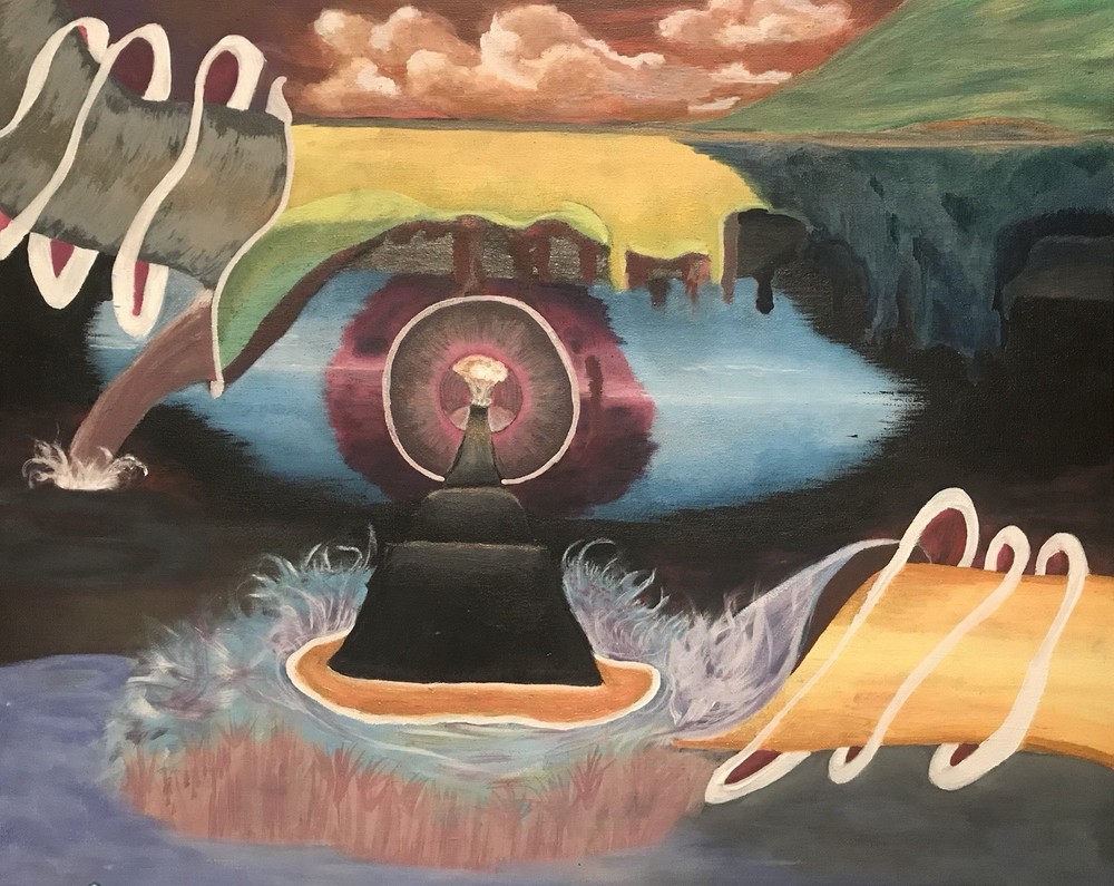 Surreal Abstract Landscape Painting Waterfall Cave River Figure Fantasy Theme