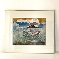 Vintage Figural Gauche / Watercolor Impressionist Painting 32×28″ Asian Harvest