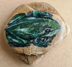 STONE ART Hand Painted Rock Realism Home Decor Frog Animal 10 x 9 cm