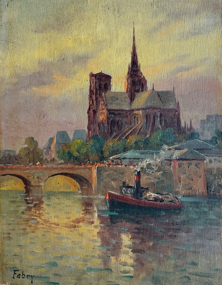 Jean Fabry, Antique French Oil Painting Paris Notre-Dame Cathedral Seine Signed
