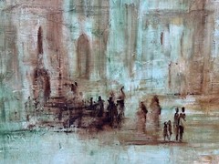 LARGE E JONES SIGNED OIL PAINTING IMPRESSIONIST CITISCAPE ARCHTECTURE w/ FIGURES