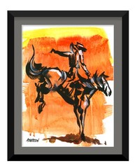 9×12 Original Cowboy Rodeo Painting on Paper Western Bronc Rider Expressionist