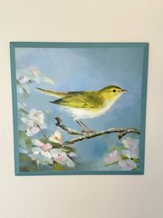 Woodland Bird Picture Print On Wood Signed Blue Wall Art Nature Flowers