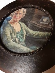 Antique Wood Carved Circular Frame 14in*Old Lady Canvas Portrait Painting Inside