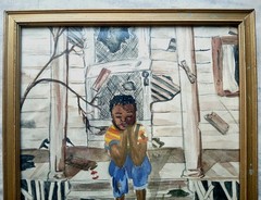 Vintage Folk Art Watercolor Painting, Young Black Boy Sitting on a Porch w/ Dog