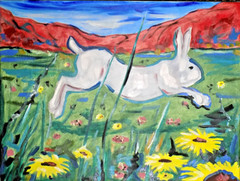 original oil painting bunny running in field landscape art signed