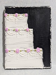 Original Acrylic on Canvas, 6″x 8″, White Cake w/ Pink Roses, Black Background