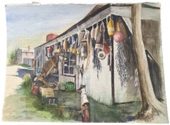 Vintage Water Color Painting on Paper Nautical Scene Fisherman Bait Shop Buoys