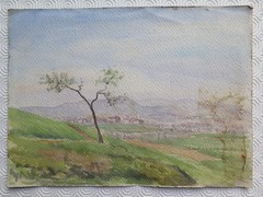Finissimo Acquerello Vintage Landscape Di Campagna In Primavera Anni ’60 P28.53