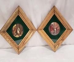 Antique Pair of Diamond Shaped Oak Wood and Green Oval Matt Victorian Paintings