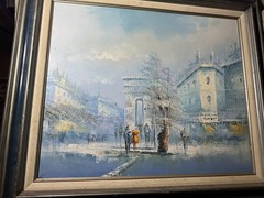Verment? „Parisian City Street Scene With Figures“ Oil Painting – Signed/Framed