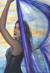 Original Watercolor Painting Woman Girl Portrait Seascape Ocean Evening Sunset