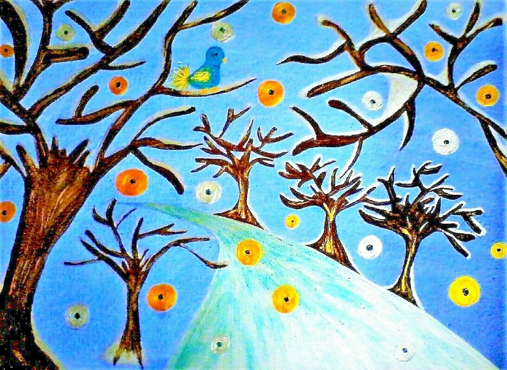 PAINTING,“A WINTER’S EVENING SONG“,ACRYLIC 18kGOLD,COMPOSITION,CANVAS,FREESHIP