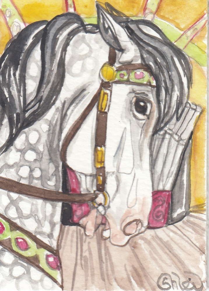 ACEO original Watercolor Art Card HORSE Fantasy dapple gray Carousel steed
