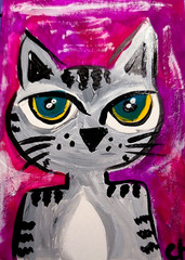 ACEO ORIGINAL CAT KITTEN GRAY Acrylic & Gouache PAINTING NEW