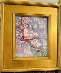 KADLIC Original Oil Painting Modern Abstract Landscape Pink Gray Gold Gilt Frame