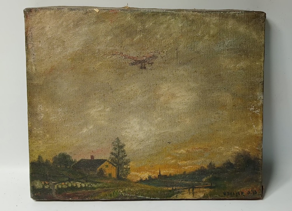 Antique Original Oil On Canvas Unusual Airplane Folk Art Painting Sgn V Thayer