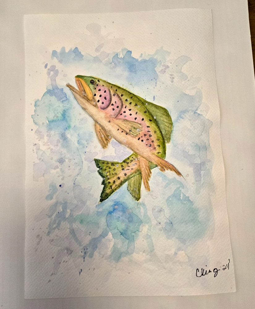 Watercolor Painting Rainbow Trout in Water