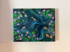 Pond Life 10″x8″ Acrylic Stretched Canvas Shimmer Koi Lillies Water Fish