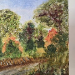Cottage Country Lane Orig. Painting Fence Autumn Trees 9 x 12″ Unframed Board