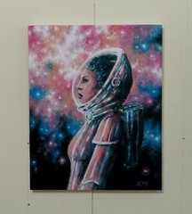 original scifi acrylic on canvas painting of space explorer astronaut 8×10 in